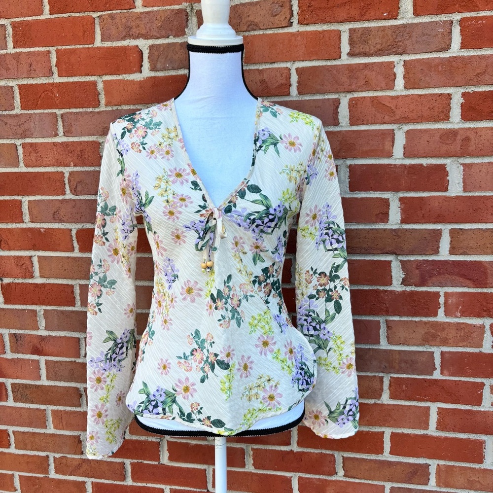 Zara Creme Textured Floral Print V Neck Tie Detail Long Split Sleeve Blouse XS